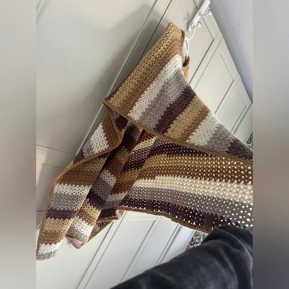 Hand Crochet Striped Cottagecore Boho Folk Hooded Poncho - Picture 8 of 9